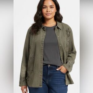 Chico’s Beaded button down Sage long Jacket size Lg